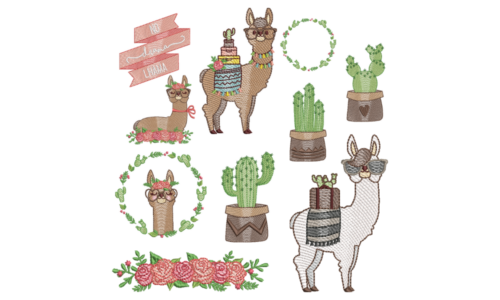 Matrizes de Bordado - Coleção Lhama Fofa com Cactos e Flores